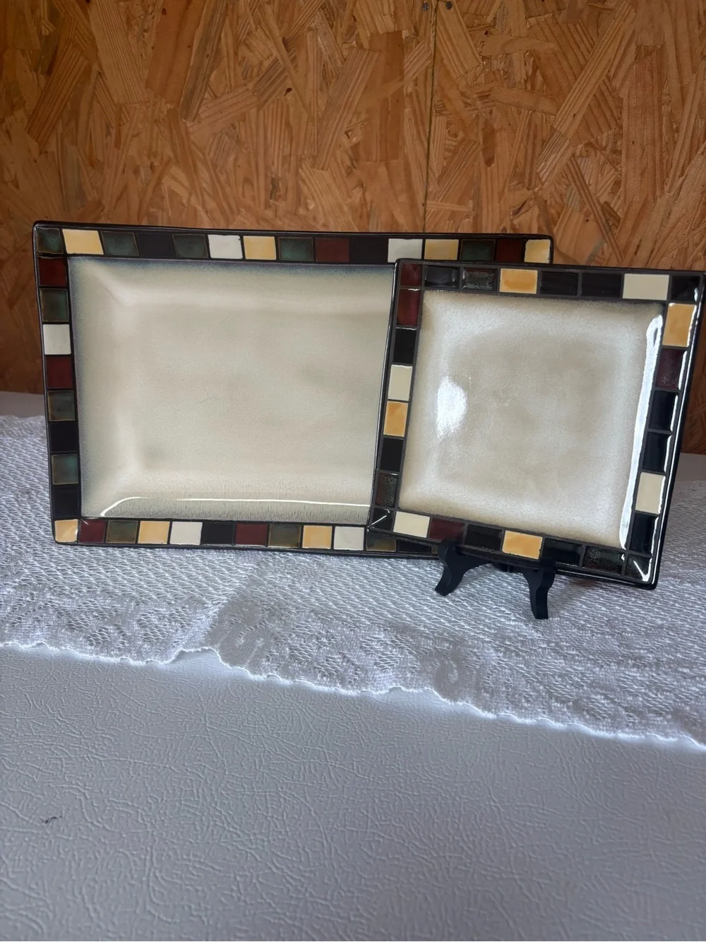 Cream Serving Platter and Square Plate with Multicolor Mosaic Border